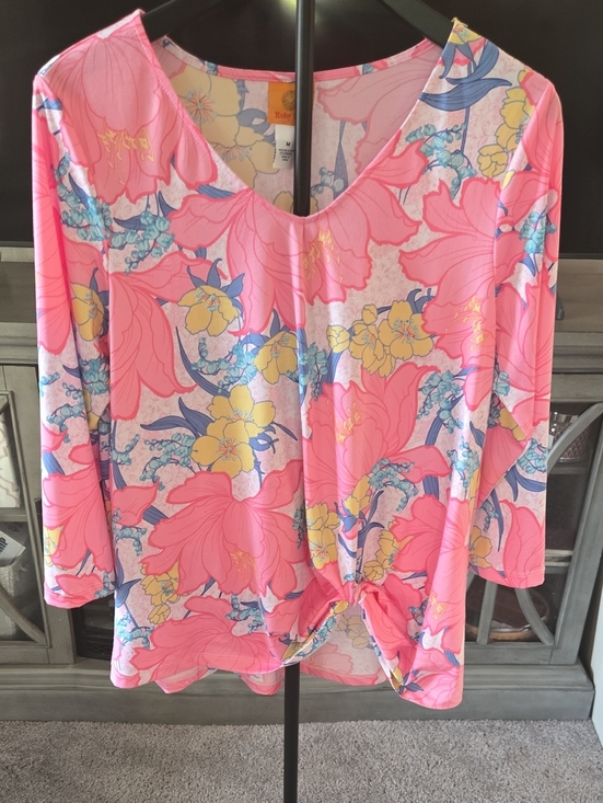 Ruby Rd. Tops - Ruby Rd. Pink Floral V-Neck Knot-Front Tunic with Yellow & Blue Accents